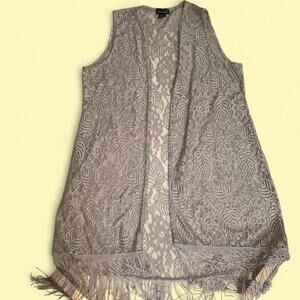 Plus Size Vintage Y2K Gray Long Lace Vest w/ Fringe Size 1X Boho Fairy Festival